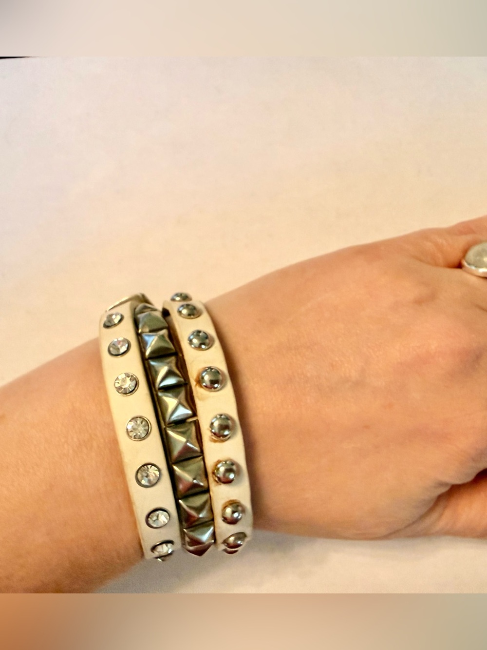 White Studded Triple Wrap Leather Bracelet